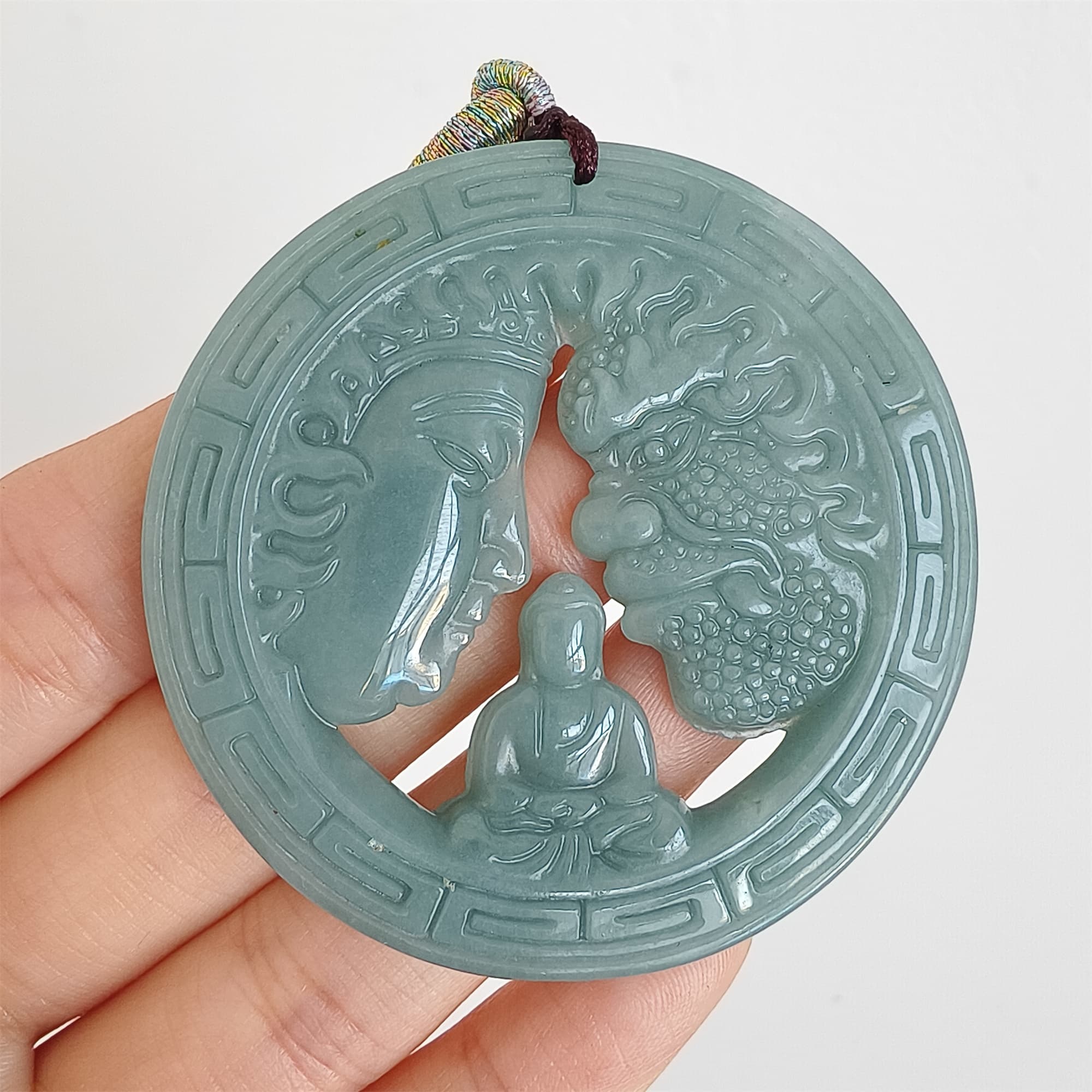DDP 52.5mm Natural Certificated Type A Icy Blue Watery Guatemalan Jadeite Round Pendant With Buddha And Demon Carved