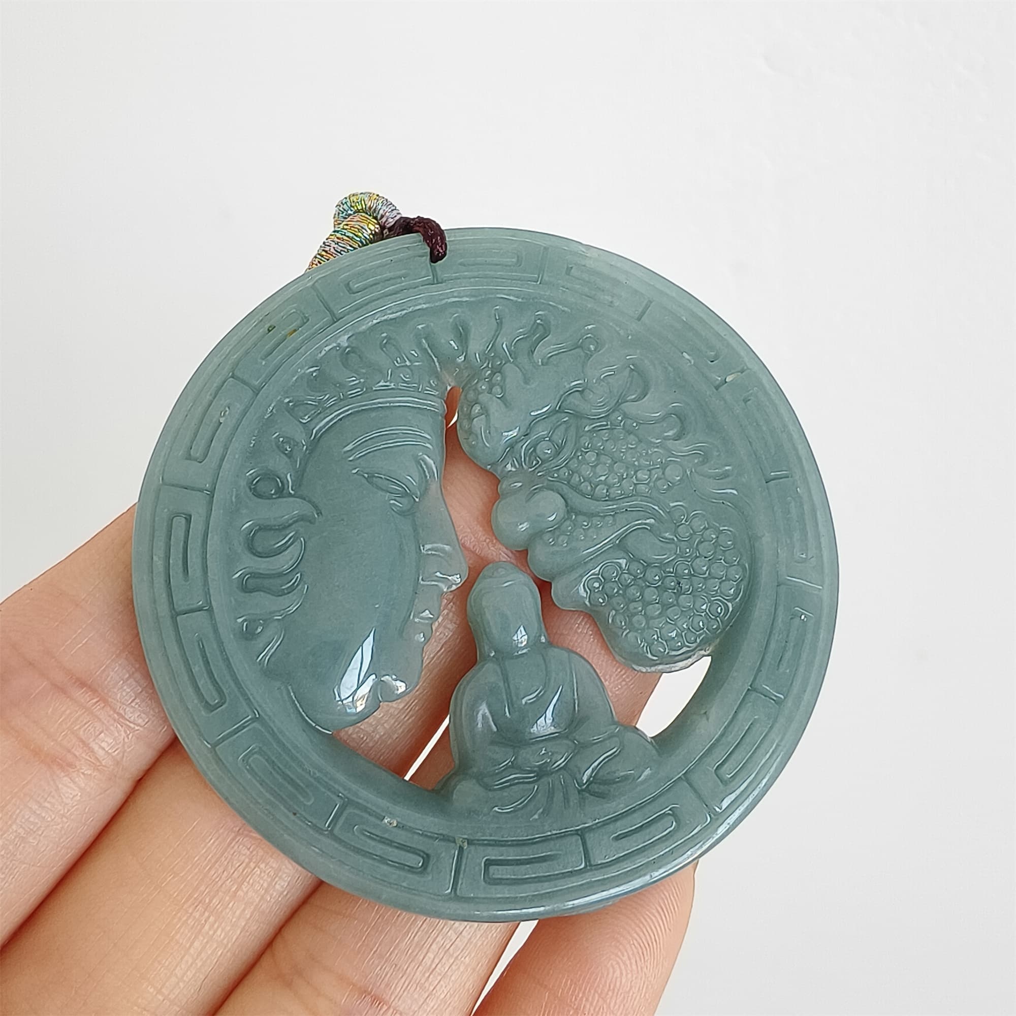 DDP 52.5mm Natural Certificated Type A Icy Blue Watery Guatemalan Jadeite Round Pendant With Buddha And Demon Carved