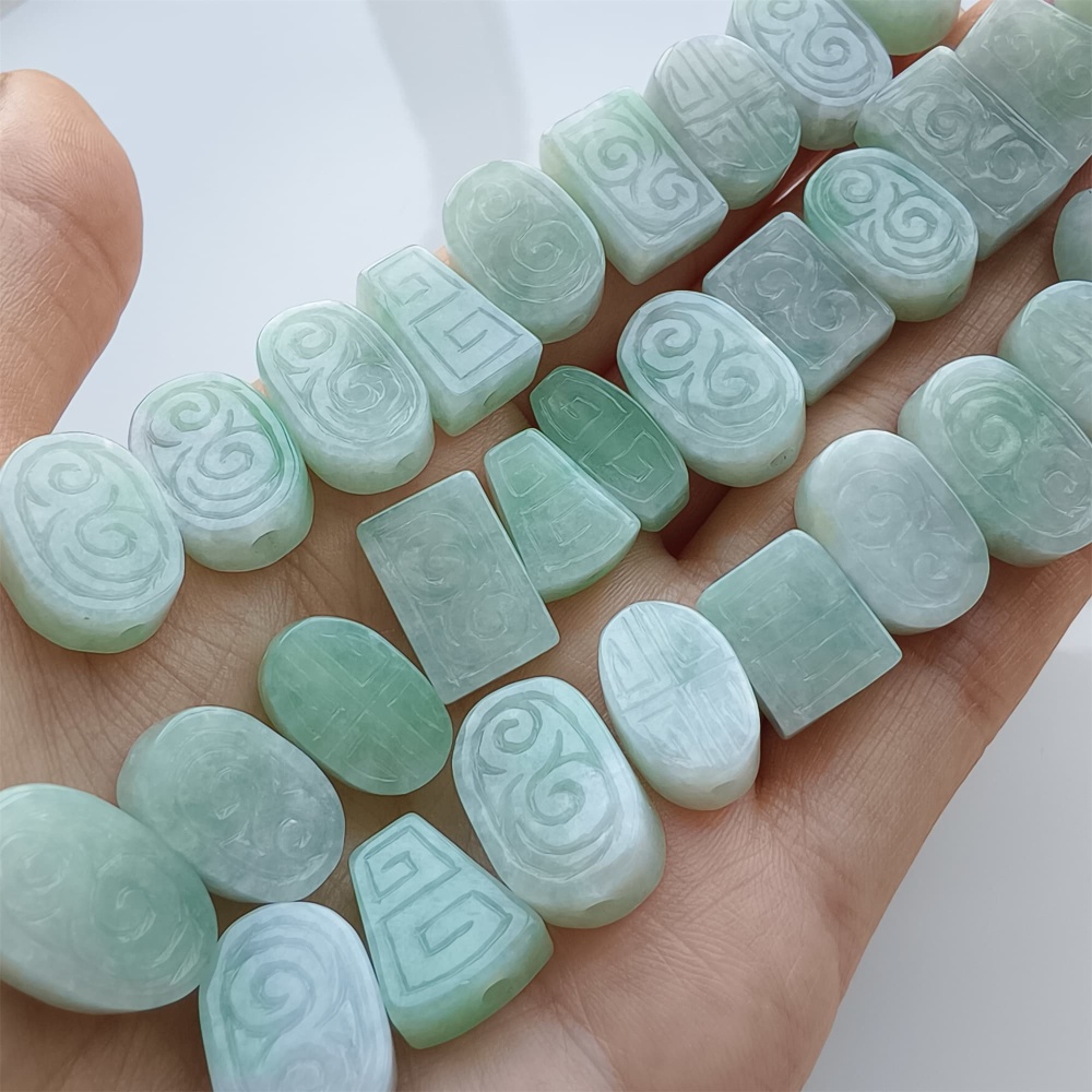 DDP 2pcs 12-16mm Natural Certificated Type A Icy Green White Burmese Jadeite Rectangle Oval Trapezoid Beads