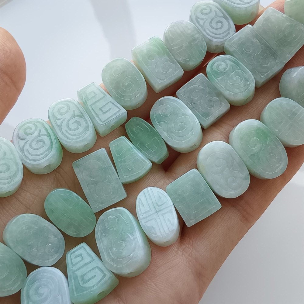 DDP 2pcs 12-16mm Natural Certificated Type A Icy Green White Burmese Jadeite Rectangle Oval Trapezoid Beads