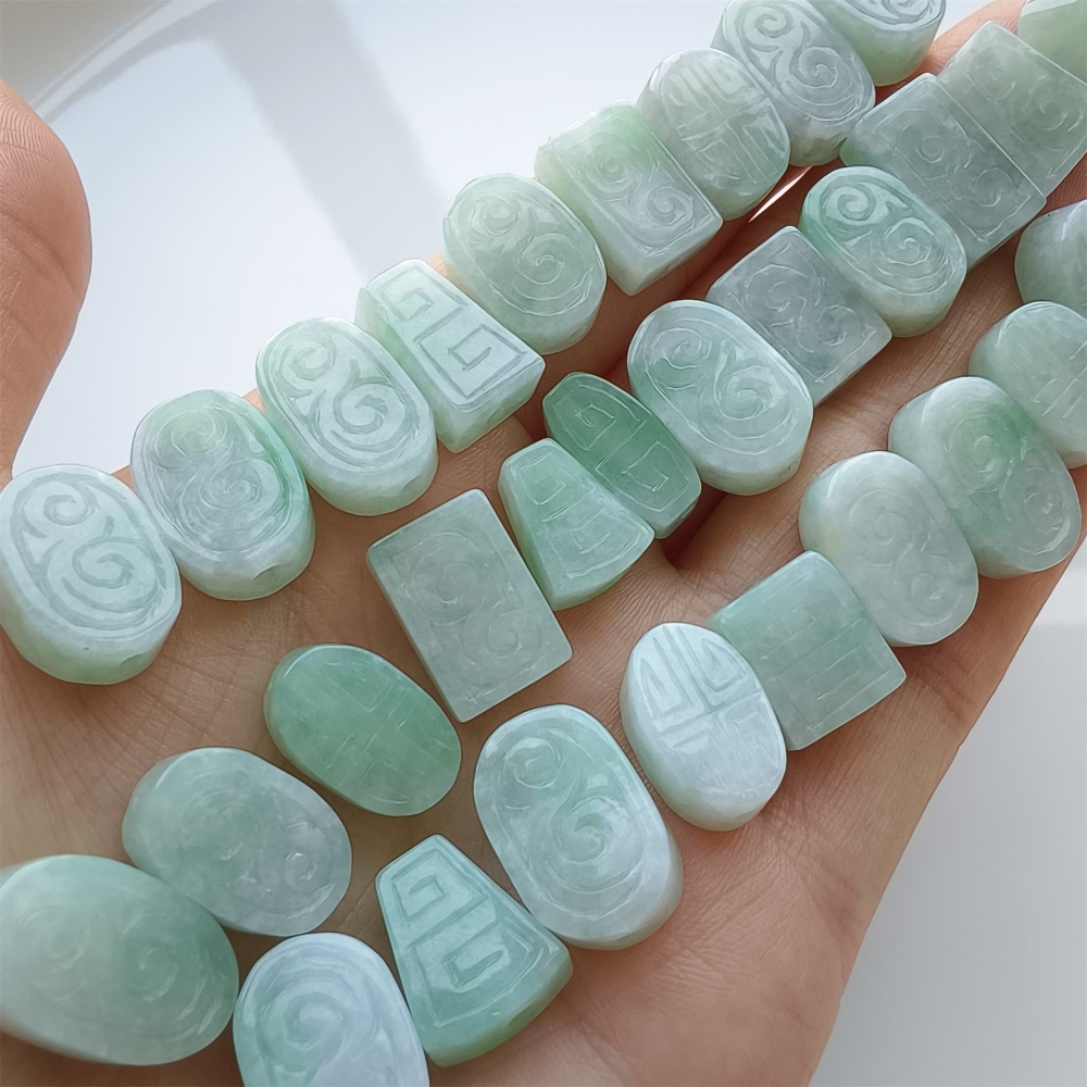 DDP 2pcs 12-16mm Natural Certificated Type A Icy Green White Burmese Jadeite Rectangle Oval Trapezoid Beads