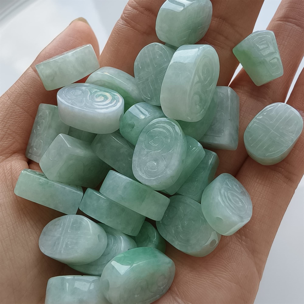 DDP 2pcs 12-16mm Natural Certificated Type A Icy Green White Burmese Jadeite Rectangle Oval Trapezoid Beads