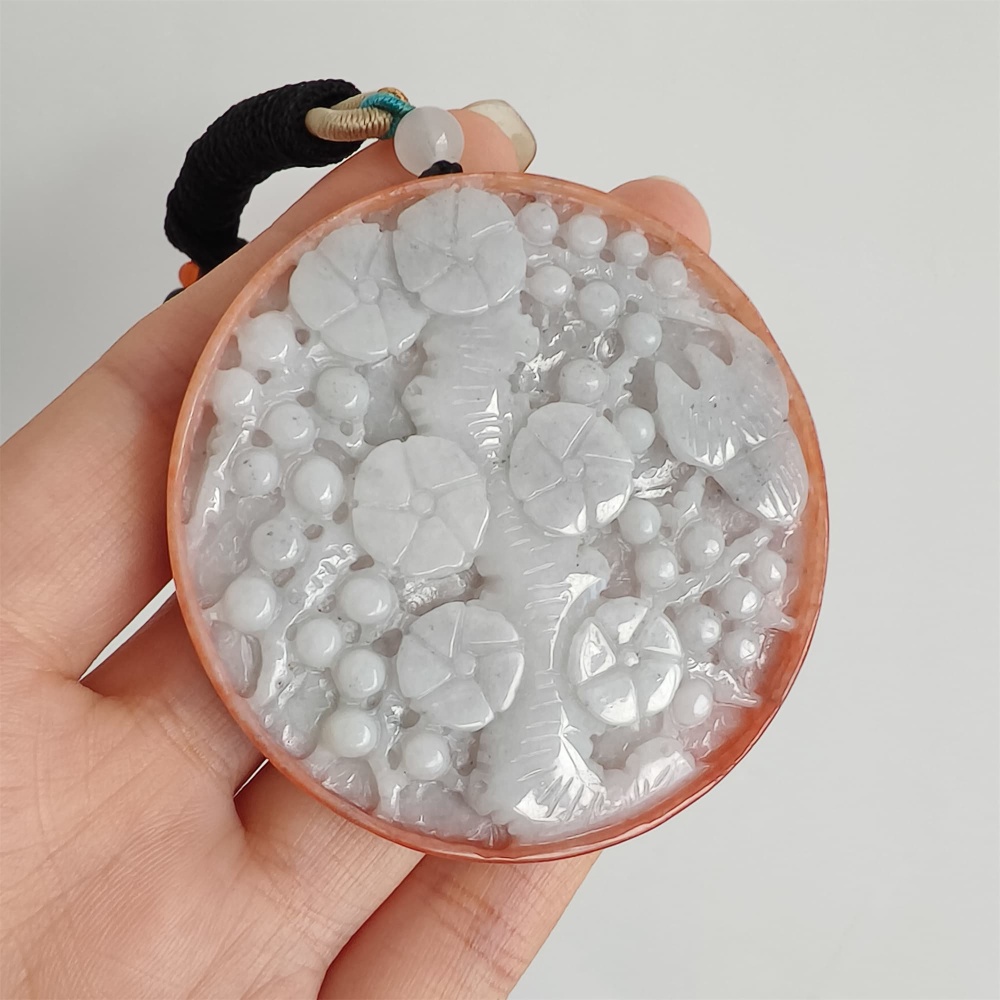 DDP 58mm Natural Certificated Red White Burmese Jadeite Round Pendant With Flower Carved