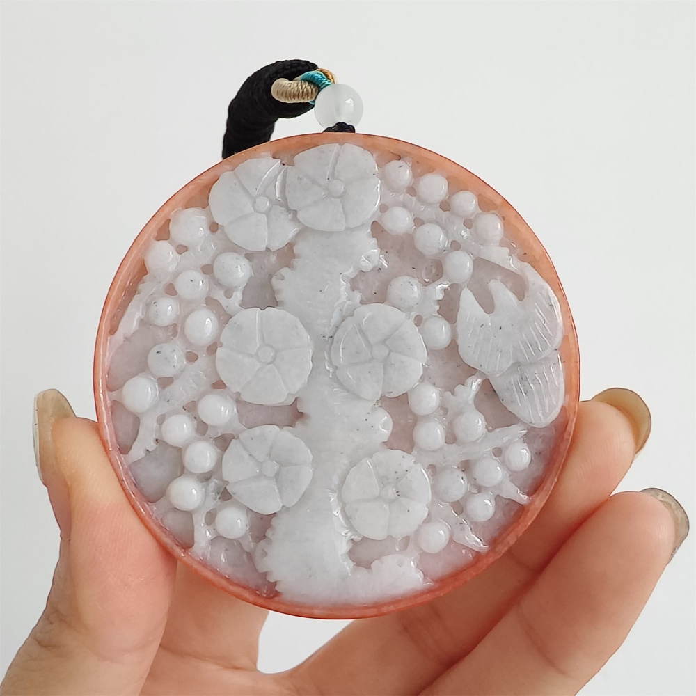 DDP 58mm Natural Certificated Red White Burmese Jadeite Round Pendant With Flower Carved