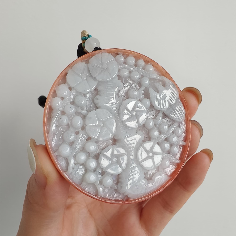 DDP 58mm Natural Certificated Red White Burmese Jadeite Round Pendant With Flower Carved