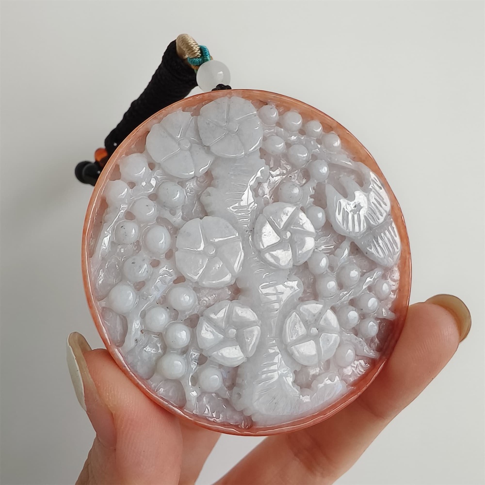 DDP 58mm Natural Certificated Red White Burmese Jadeite Round Pendant With Flower Carved