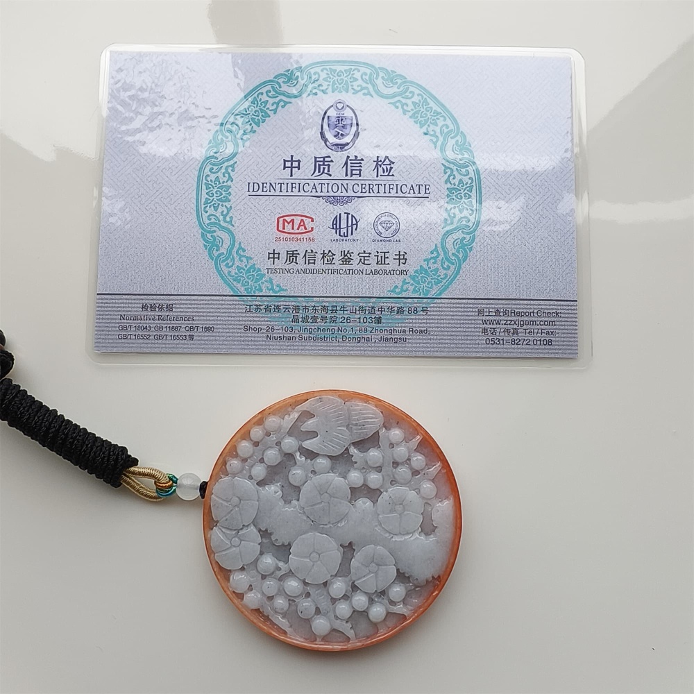 DDP 58mm Natural Certificated Red White Burmese Jadeite Round Pendant With Flower Carved