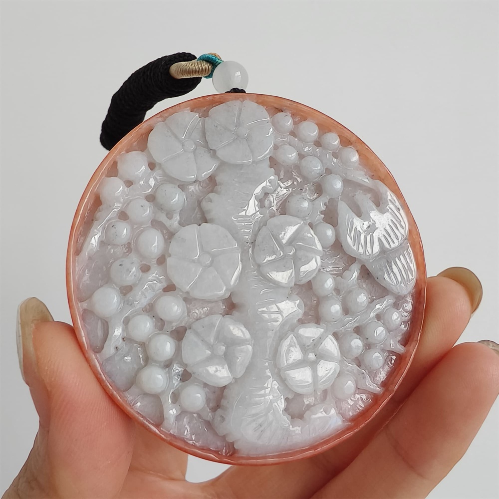 DDP 58mm Natural Certificated Red White Burmese Jadeite Round Pendant With Flower Carved
