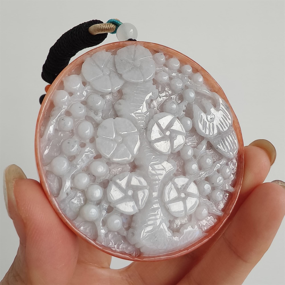 DDP 58mm Natural Certificated Red White Burmese Jadeite Round Pendant With Flower Carved