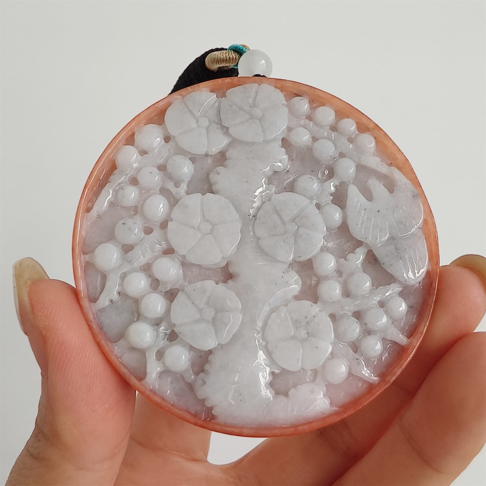 DDP 58mm Natural Certificated Red White Burmese Jadeite Round Pendant With Flower Carved