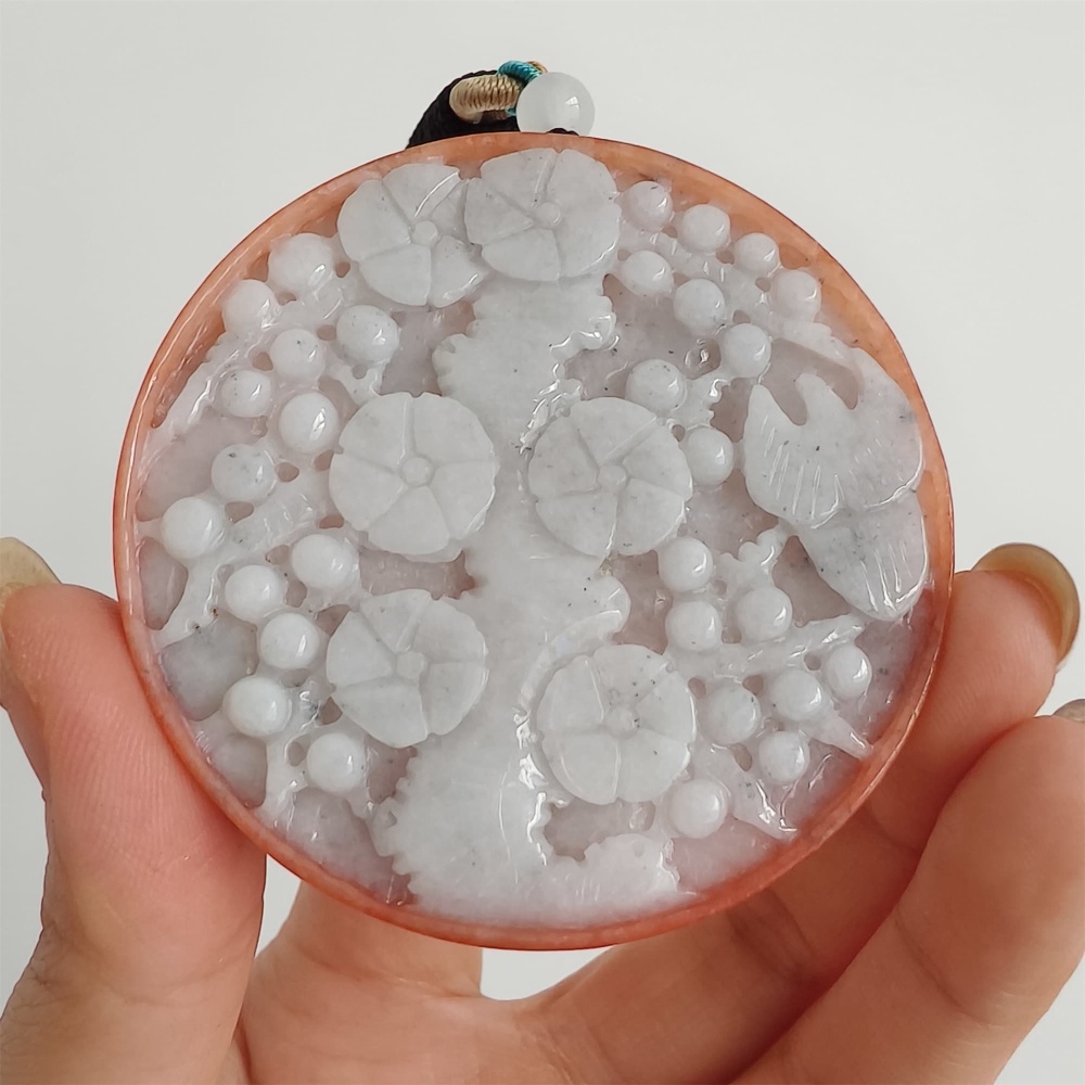DDP 58mm Natural Certificated Red White Burmese Jadeite Round Pendant With Flower Carved