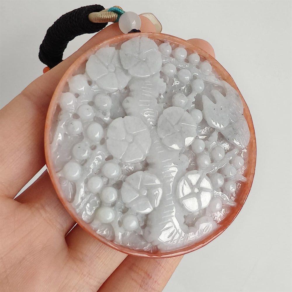 DDP 58mm Natural Certificated Red White Burmese Jadeite Round Pendant With Flower Carved