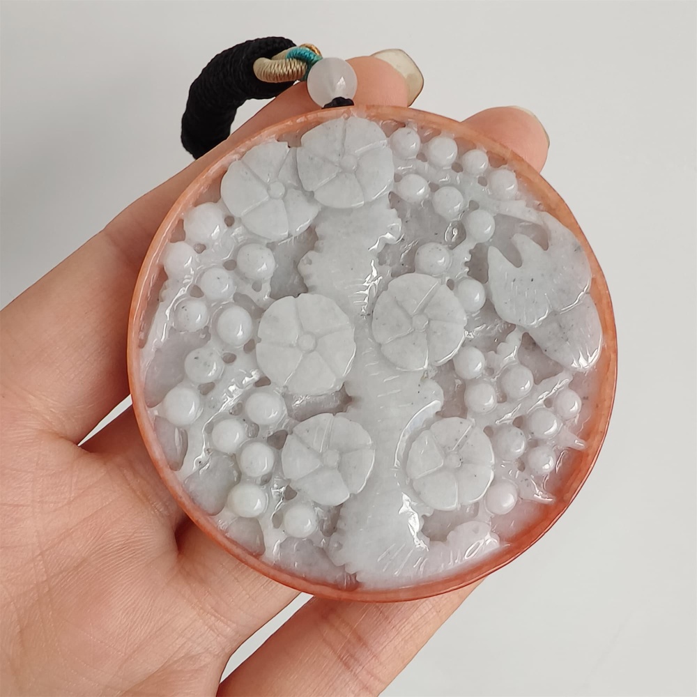 DDP 58mm Natural Certificated Red White Burmese Jadeite Round Pendant With Flower Carved