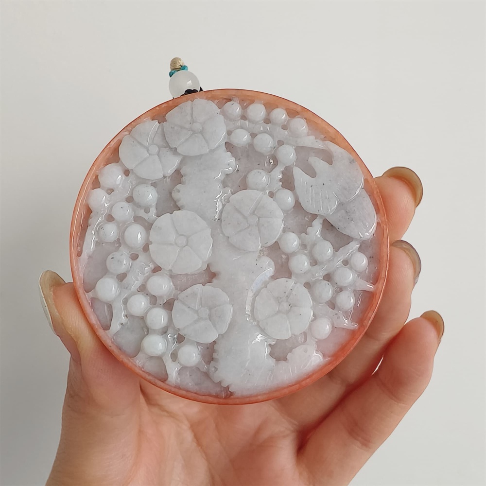 DDP 58mm Natural Certificated Red White Burmese Jadeite Round Pendant With Flower Carved