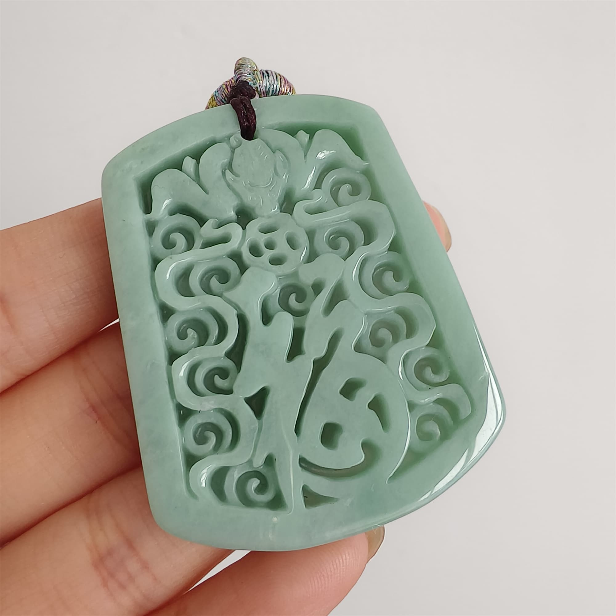 DDP 48mm Natural Certificated Type A Green Burmese Jadeite Trapezoid Pendant With 福 Carved