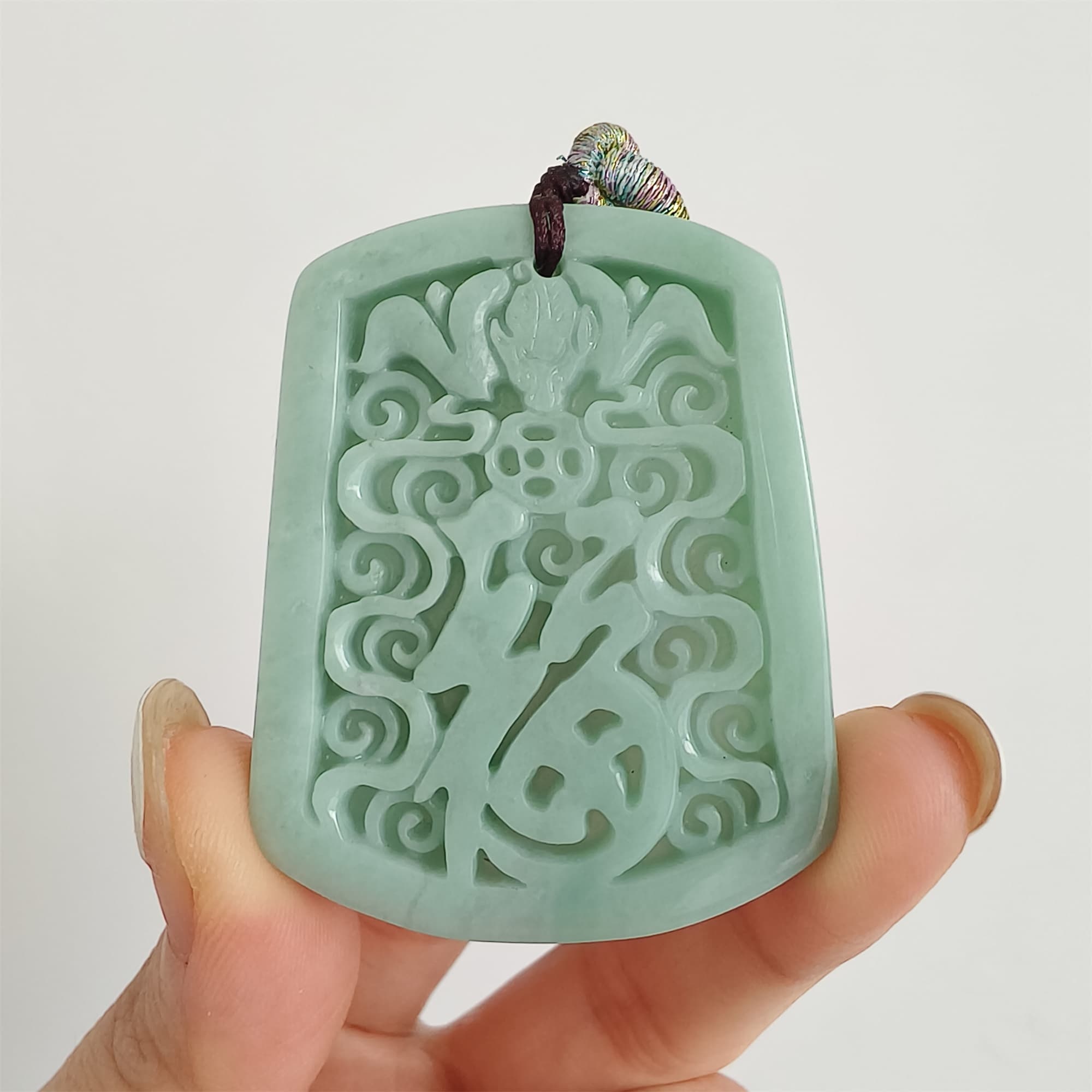 DDP 48mm Natural Certificated Type A Green Burmese Jadeite Trapezoid Pendant With 福 Carved