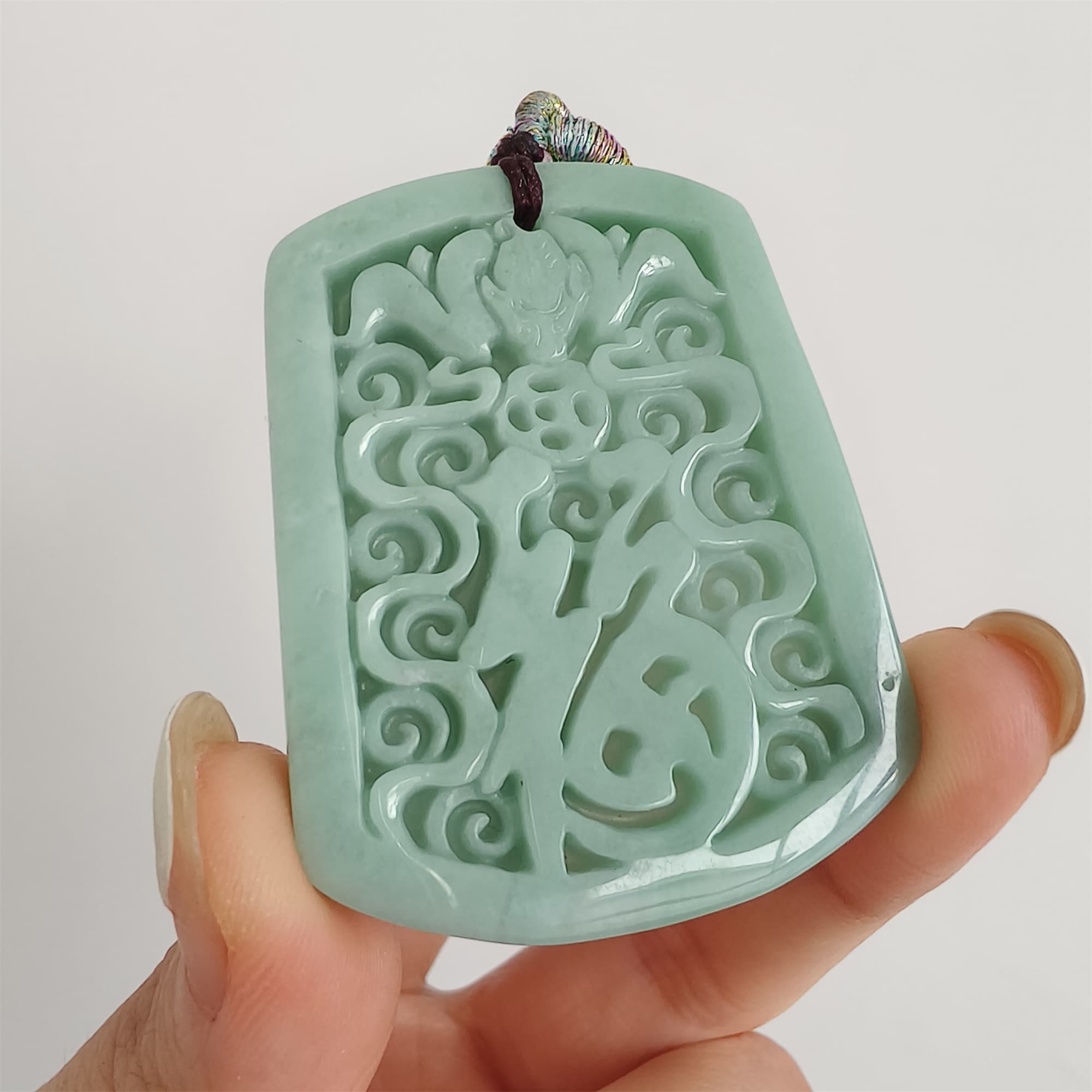 DDP 48mm Natural Certificated Type A Green Burmese Jadeite Trapezoid Pendant With 福 Carved