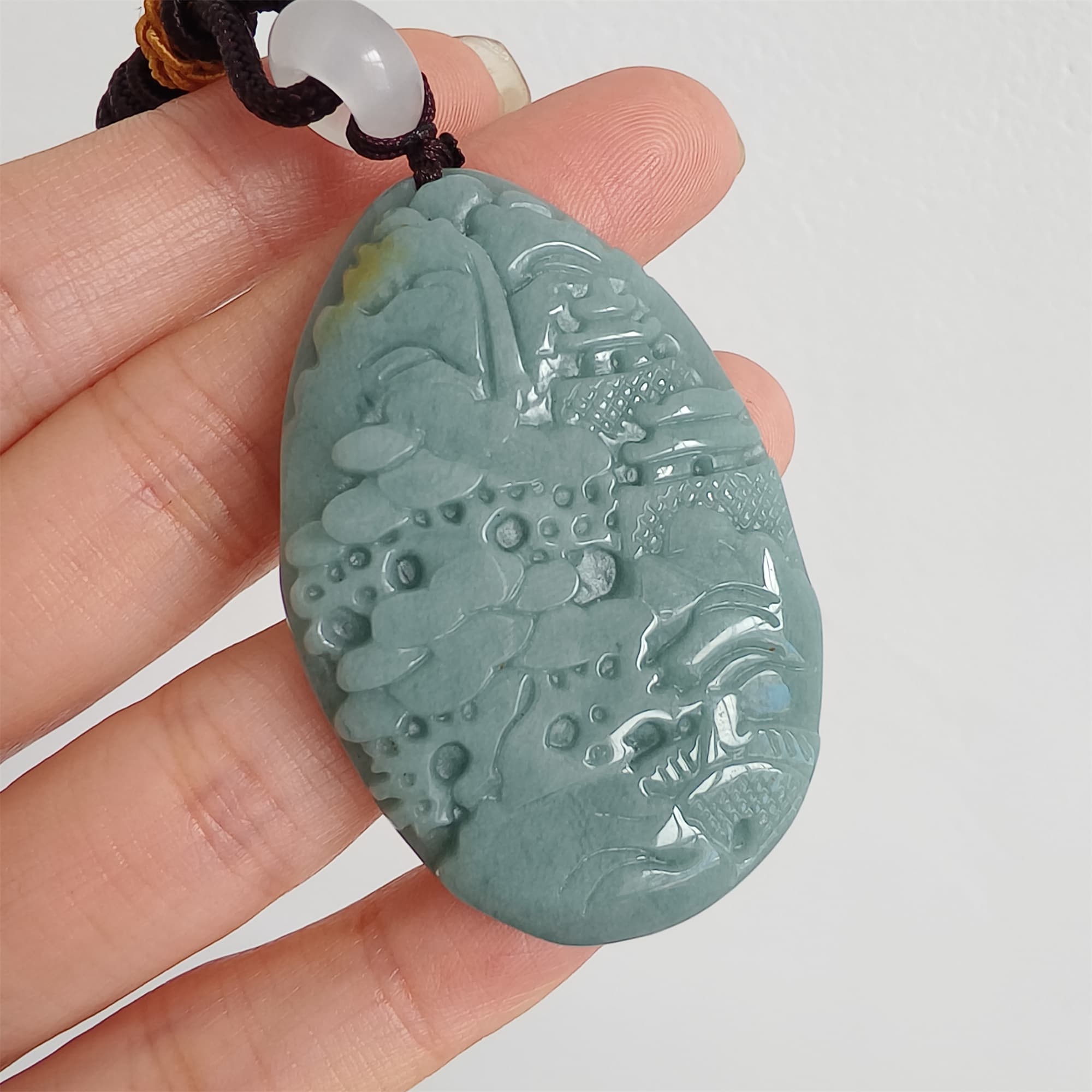 DDP 47.5mm Natural Certificated Type A Blue Guatemalan Jadeite Oval Pendant With Landscape Carved