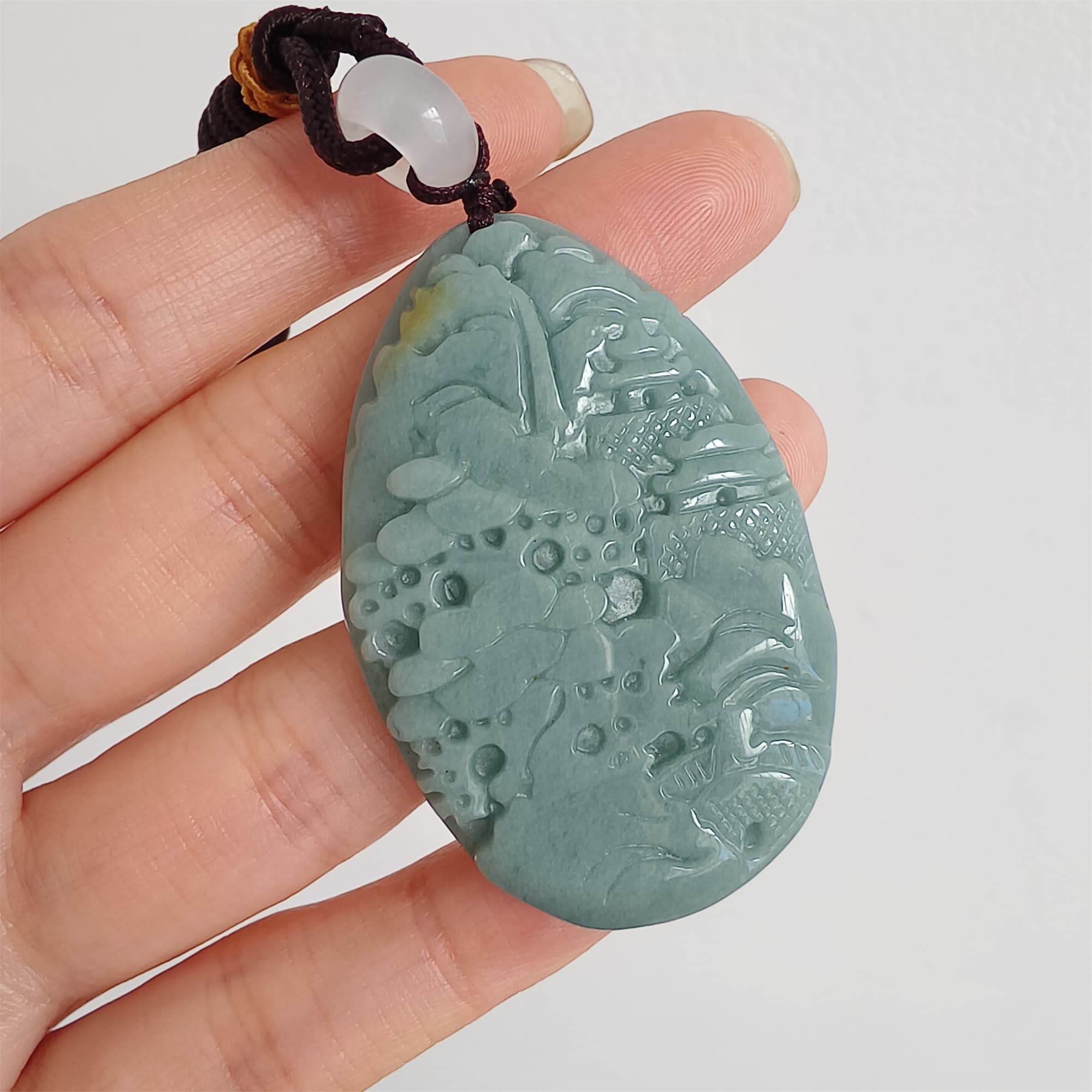 DDP 47.5mm Natural Certificated Type A Blue Guatemalan Jadeite Oval Pendant With Landscape Carved