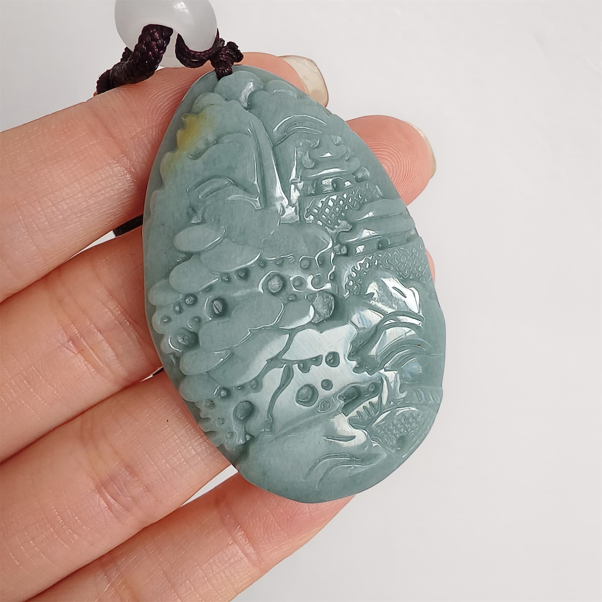 DDP 47.5mm Natural Certificated Type A Blue Guatemalan Jadeite Oval Pendant With Landscape Carved