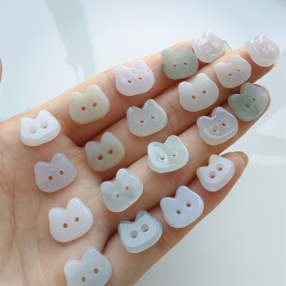 DDP 5pcs 11.5-13mm Natural Certificated Type A Icy Green White Burmese Jadeite Cat Button Beads
