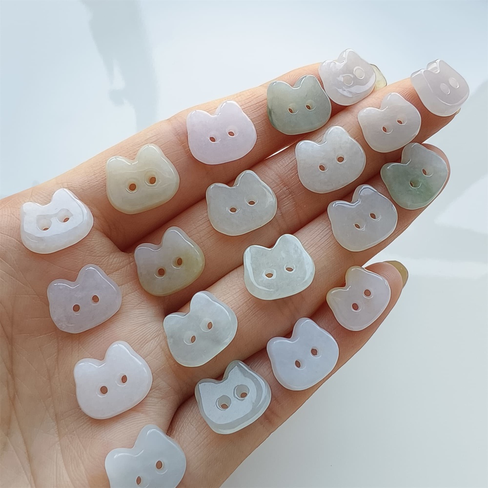 DDP 5pcs 11.5-13mm Natural Certificated Type A Icy Green White Burmese Jadeite Cat Button Beads
