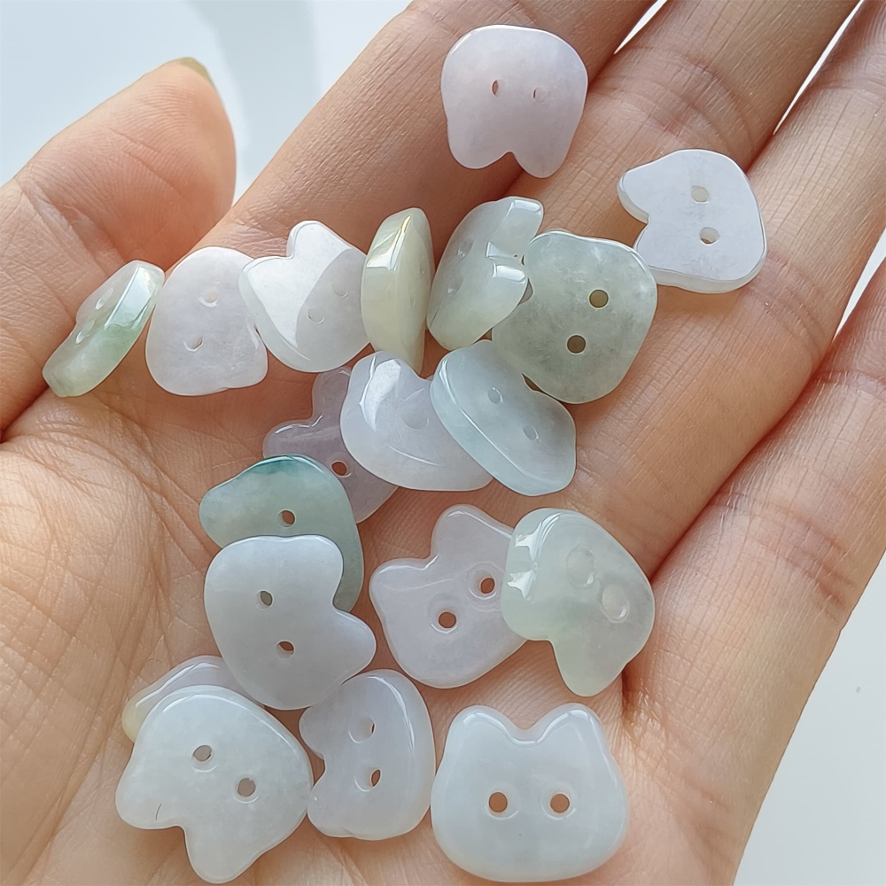 DDP 5pcs 11.5-13mm Natural Certificated Type A Icy Green White Burmese Jadeite Cat Button Beads