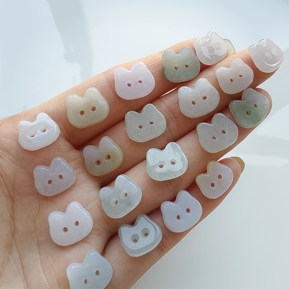 DDP 5pcs 11.5-13mm Natural Certificated Type A Icy Green White Burmese Jadeite Cat Button Beads