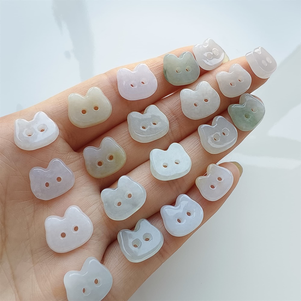 DDP 5pcs 11.5-13mm Natural Certificated Type A Icy Green White Burmese Jadeite Cat Button Beads