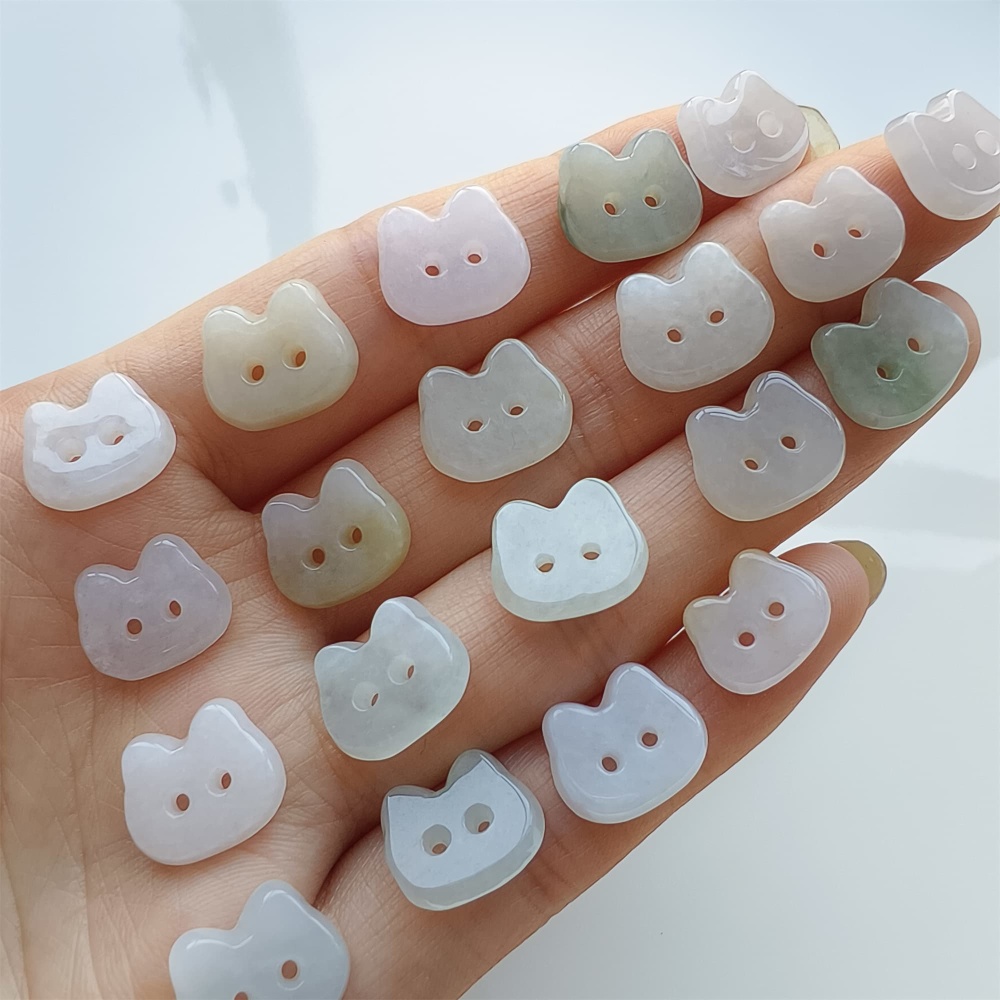 DDP 5pcs 11.5-13mm Natural Certificated Type A Icy Green White Burmese Jadeite Cat Button Beads