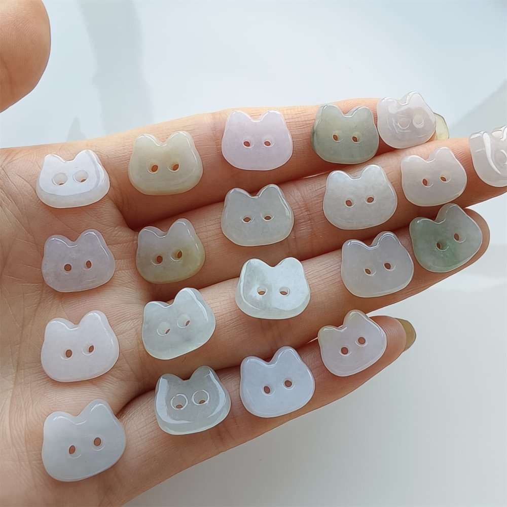 DDP 5pcs 11.5-13mm Natural Certificated Type A Icy Green White Burmese Jadeite Cat Button Beads