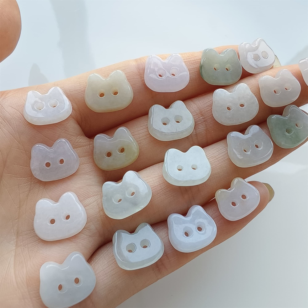 DDP 5pcs 11.5-13mm Natural Certificated Type A Icy Green White Burmese Jadeite Cat Button Beads