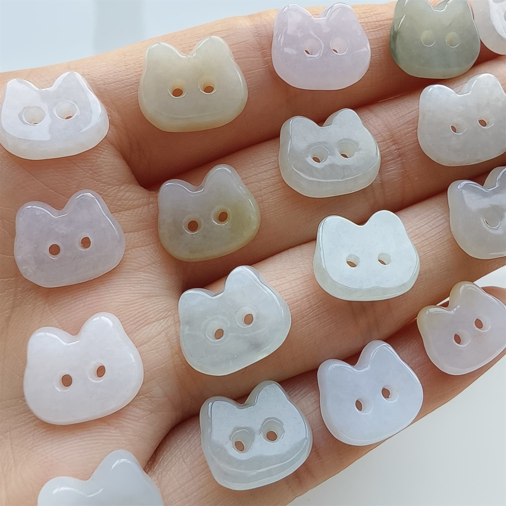 DDP 5pcs 11.5-13mm Natural Certificated Type A Icy Green White Burmese Jadeite Cat Button Beads