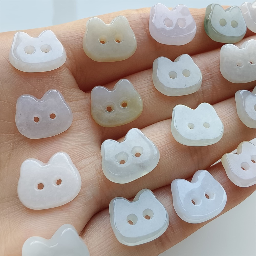 DDP 5pcs 11.5-13mm Natural Certificated Type A Icy Green White Burmese Jadeite Cat Button Beads