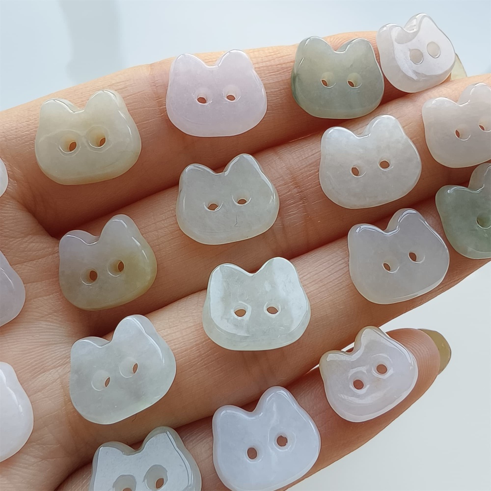 DDP 5pcs 11.5-13mm Natural Certificated Type A Icy Green White Burmese Jadeite Cat Button Beads