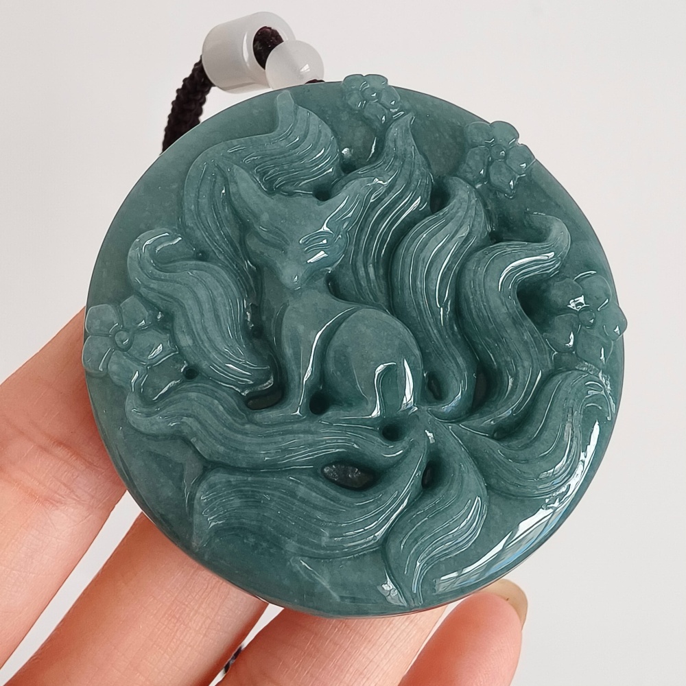 DDP 52.7mm Natural Certificated Type A Icy Blue Watery Guatemalan Jadeite Dragon Pendant With Nine Tailed Fox Carved