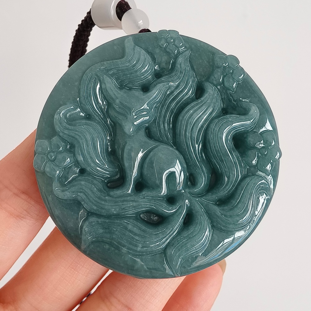 DDP 52.7mm Natural Certificated Type A Icy Blue Watery Guatemalan Jadeite Dragon Pendant With Nine Tailed Fox Carved