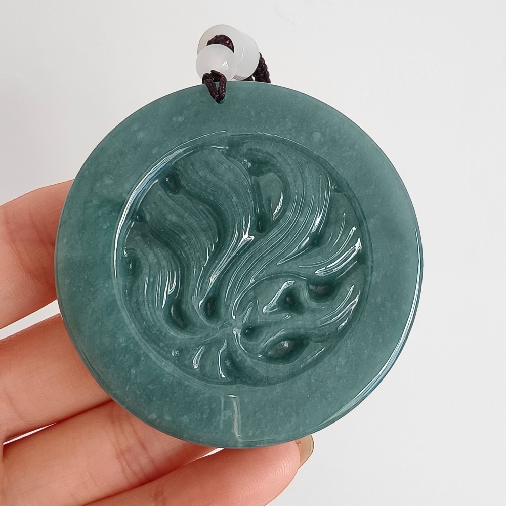 DDP 52.7mm Natural Certificated Type A Icy Blue Watery Guatemalan Jadeite Dragon Pendant With Nine Tailed Fox Carved