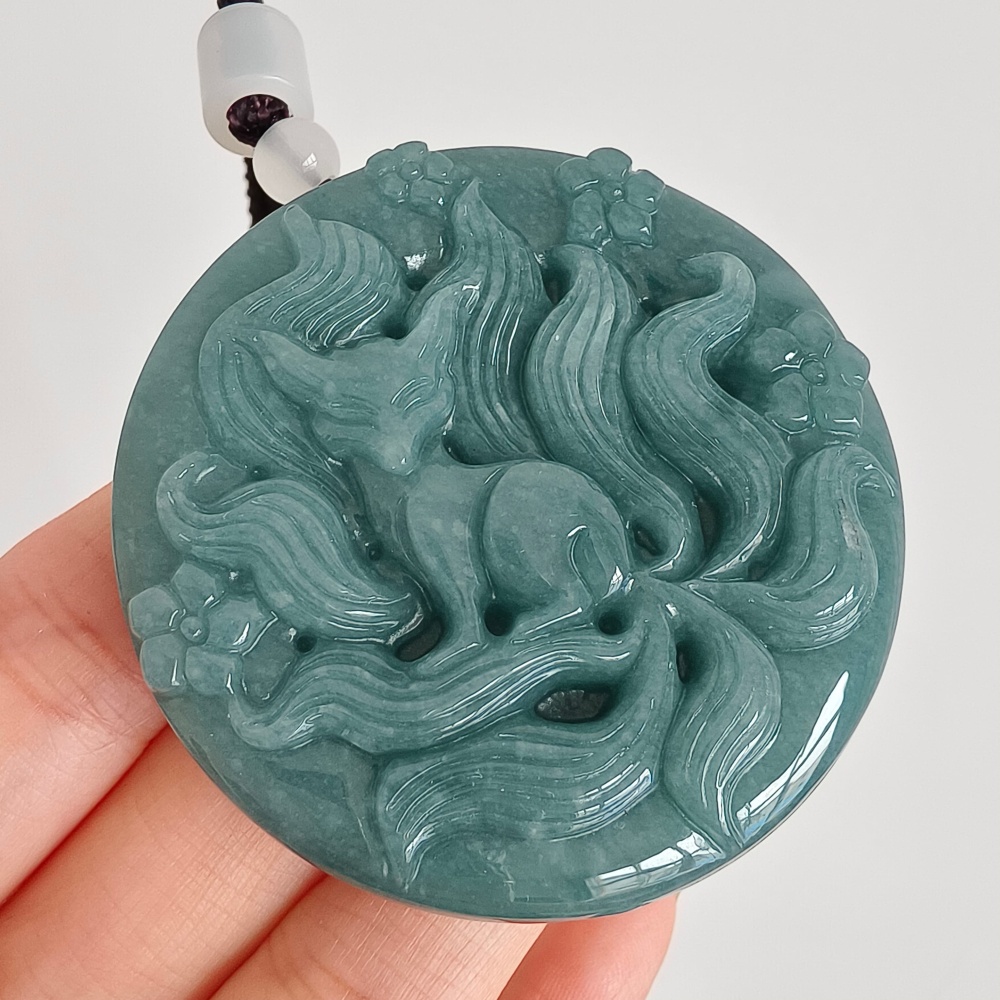 DDP 52.7mm Natural Certificated Type A Icy Blue Watery Guatemalan Jadeite Dragon Pendant With Nine Tailed Fox Carved