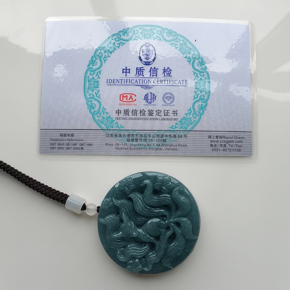 DDP 52.7mm Natural Certificated Type A Icy Blue Watery Guatemalan Jadeite Dragon Pendant With Nine Tailed Fox Carved