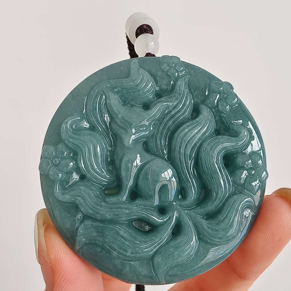 DDP 52.7mm Natural Certificated Type A Icy Blue Watery Guatemalan Jadeite Dragon Pendant With Nine Tailed Fox Carved