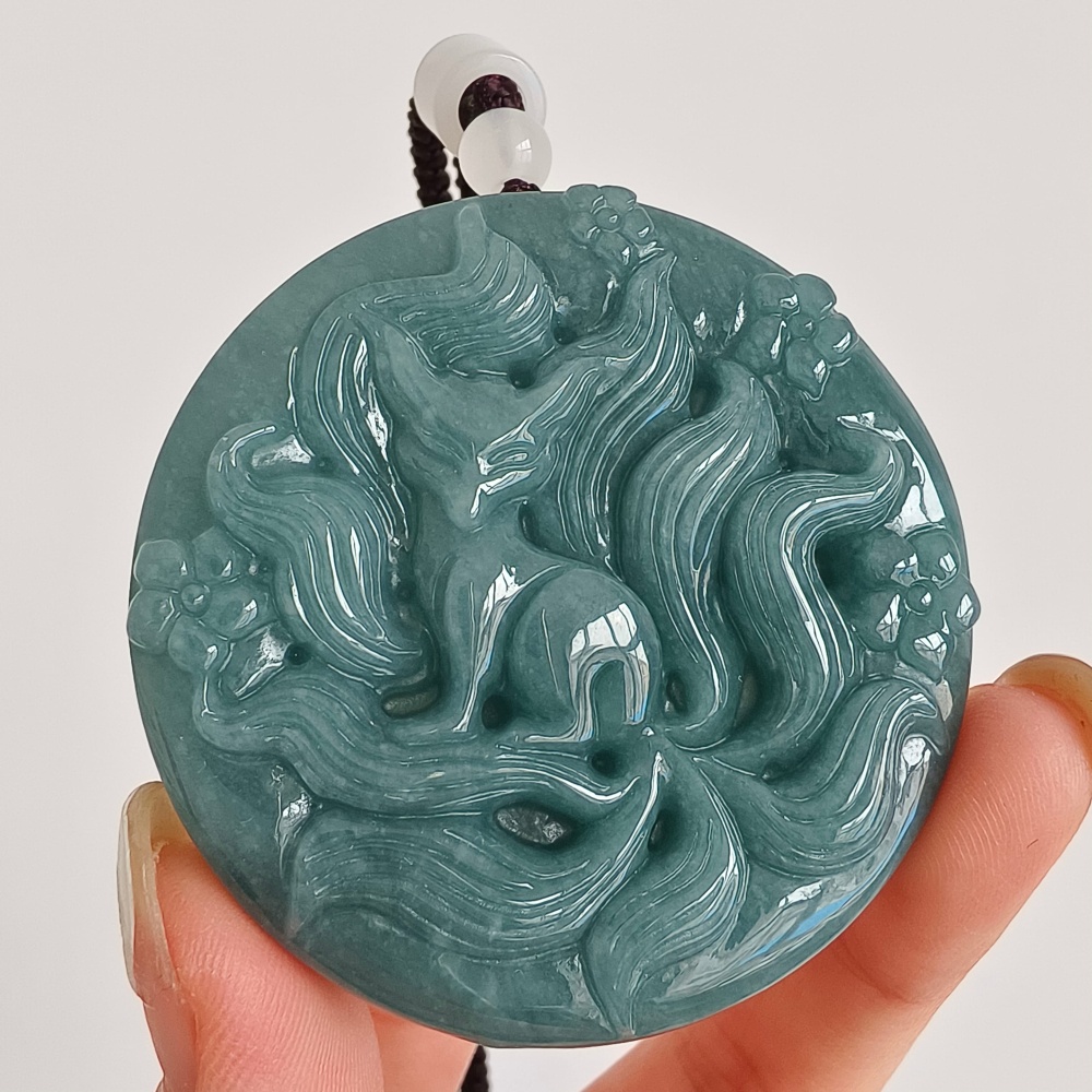 DDP 52.7mm Natural Certificated Type A Icy Blue Watery Guatemalan Jadeite Dragon Pendant With Nine Tailed Fox Carved
