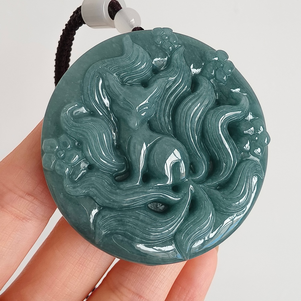 DDP 52.7mm Natural Certificated Type A Icy Blue Watery Guatemalan Jadeite Dragon Pendant With Nine Tailed Fox Carved