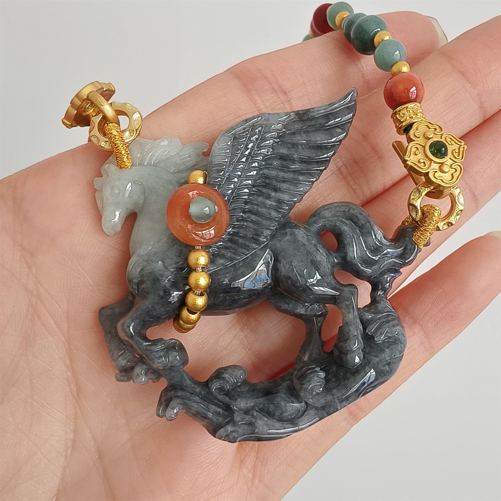 DDP 49mm Natural Type A Untreated Black Chicken Species Burmese Jadeite Horse Pendant
