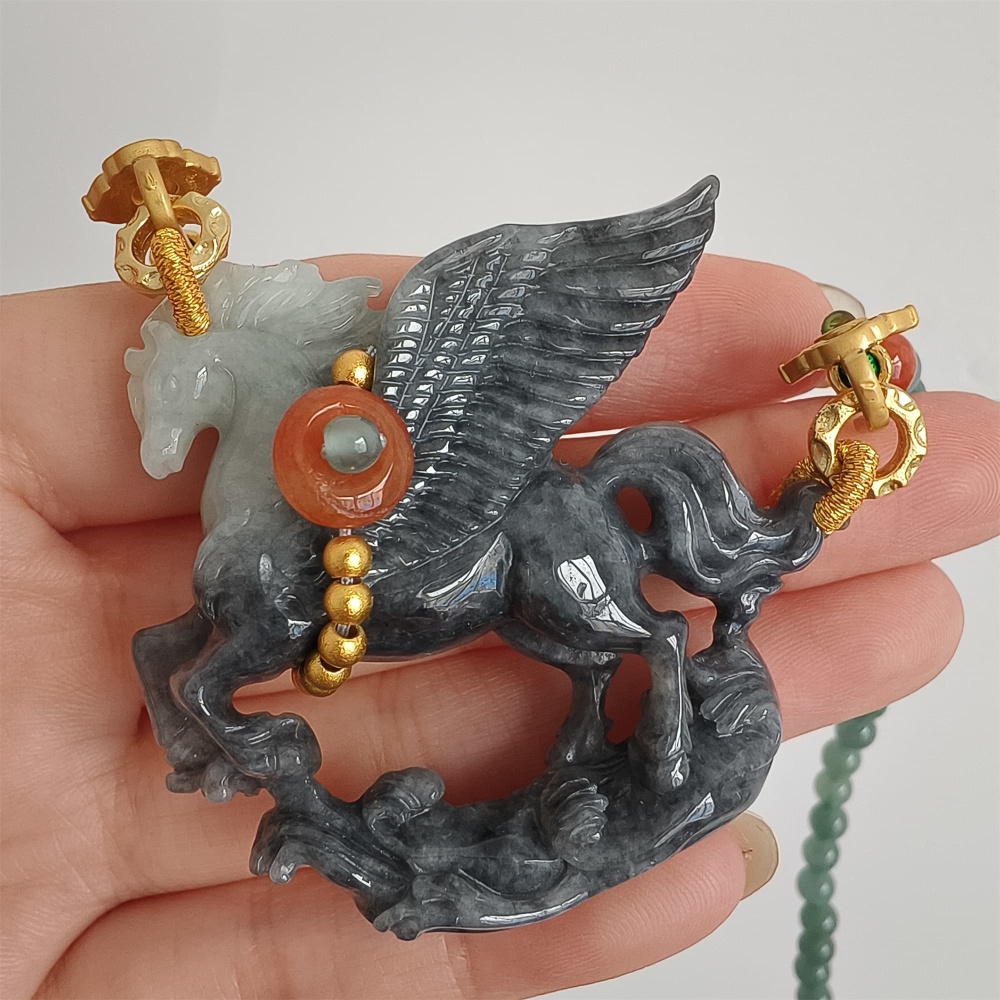 DDP 49mm Natural Type A Untreated Black Chicken Species Burmese Jadeite Horse Pendant