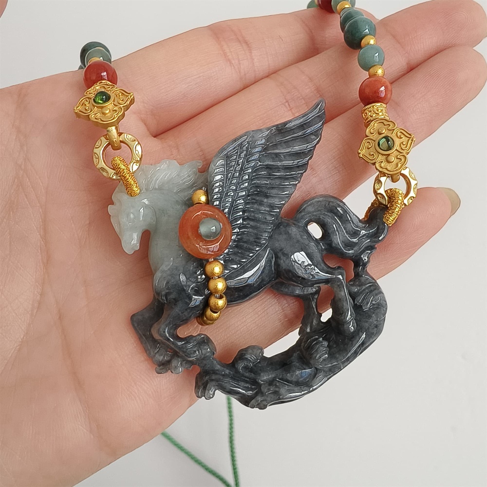 DDP 49mm Natural Type A Untreated Black Chicken Species Burmese Jadeite Horse Pendant