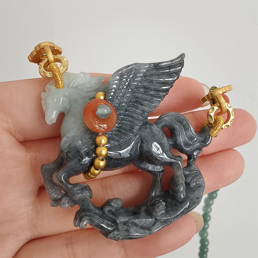 DDP 49mm Natural Type A Untreated Black Chicken Species Burmese Jadeite Horse Pendant