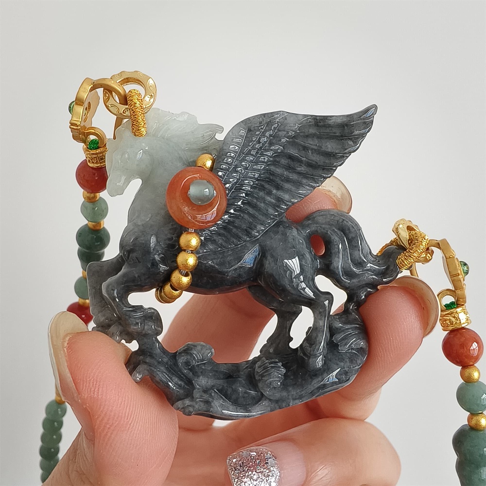 DDP 49mm Natural Type A Untreated Black Chicken Species Burmese Jadeite Horse Pendant