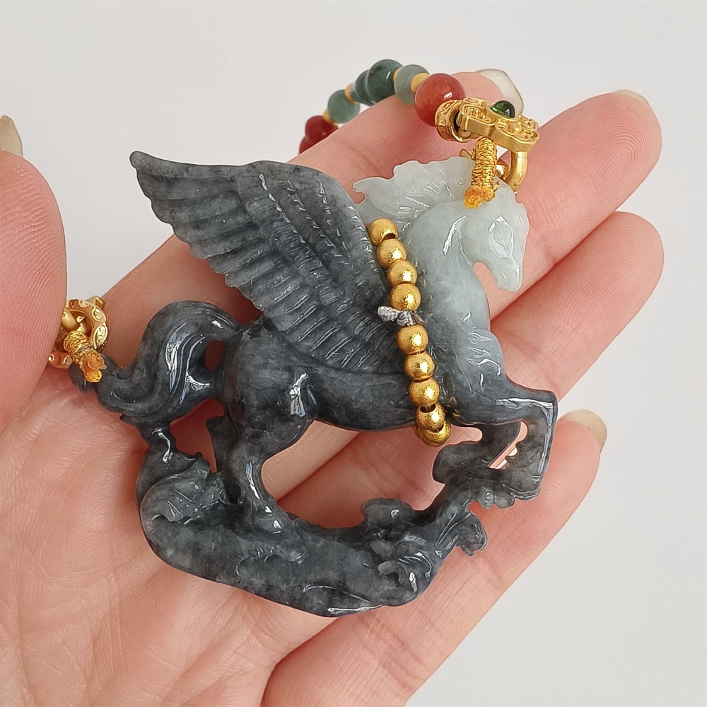DDP 49mm Natural Type A Untreated Black Chicken Species Burmese Jadeite Horse Pendant
