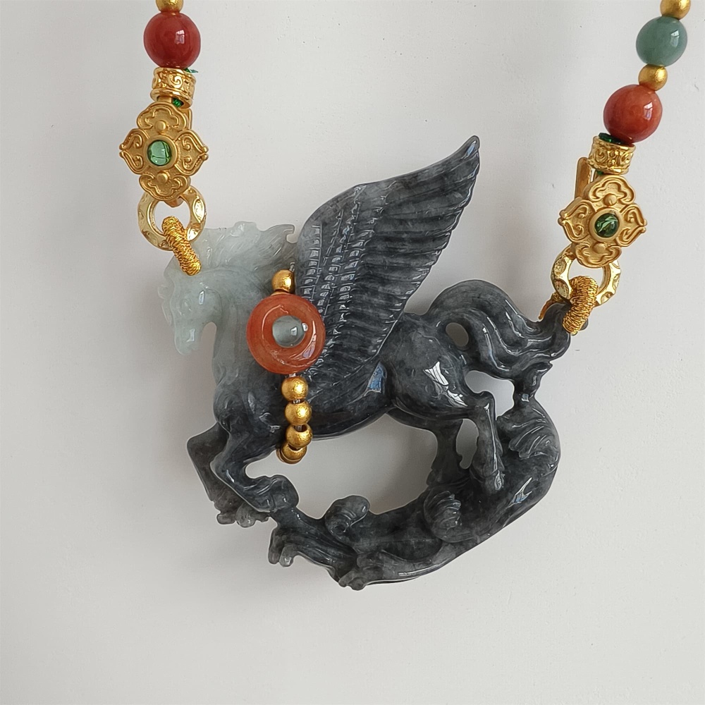 DDP 49mm Natural Type A Untreated Black Chicken Species Burmese Jadeite Horse Pendant